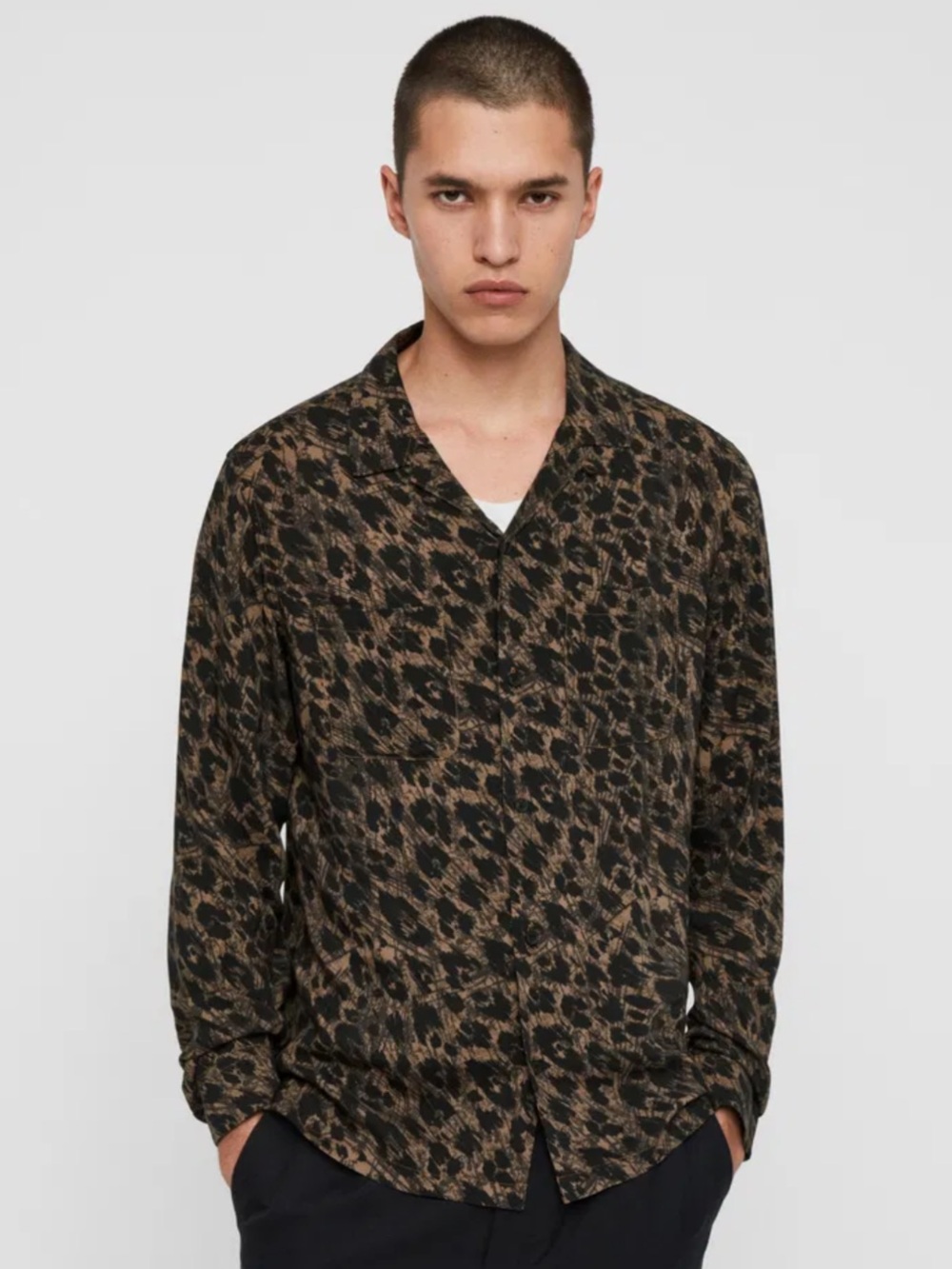 ALLSAINTS Monteray Leopard Print Long Sleeve Shirt Mens XS Brown Black